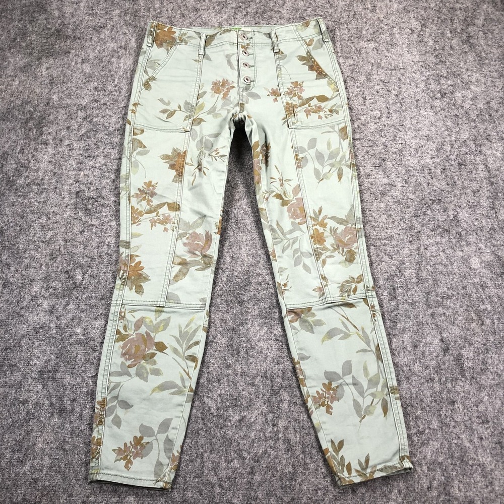 Anthropologie Pants Womens 27 Green Floral Utility Skinny Twill Boho Stretch